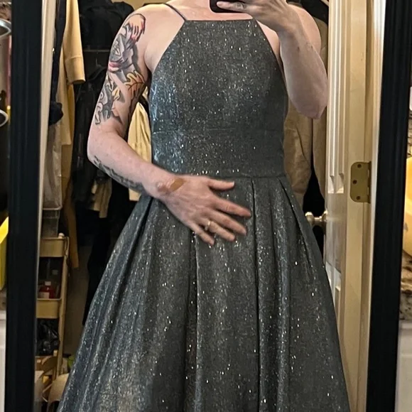 Betsy Adam -glitter black gunmetal high low formal prom dress